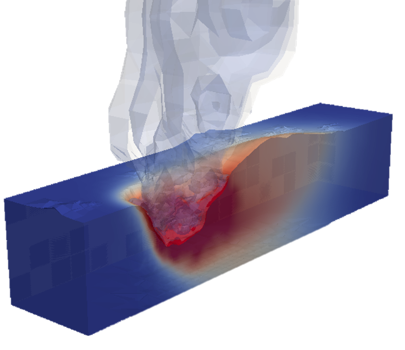Die Abbildung zeigt eine numerische Prozesssimulation des Laserstrahlschweißens. Die Farbskala gibt die Temperaturskala von Raumtemperatur (blau) bis Verdampfungstemperatur (rot) wieder. In grau ist die Dampffackel dargestellt.