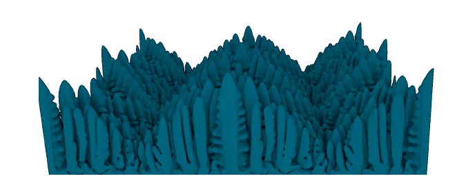 Abbildung einer großskalige Phasenfeldsimulation zur Ausbildung dendritischer Netzwerke in einer Al-Ag-Cu Legierung. Das Bild stellt eine bergähnliche Dendridenarchitektur dar.