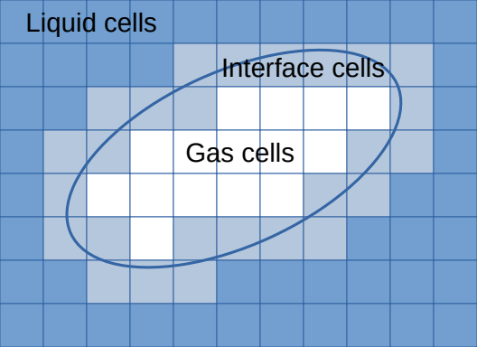 Dieses Bild zeigt schematisch ein kartesisches Gitter, das in drei verschiedene Arten von Zellen unterteilt ist. In der Mitte befindet sich eine elliptische Anhäufung von Gaszellen, die von einer einzigen Schicht von Grenzflächenzellen umgeben sind. Alle übrigen Zellen sind vom Typ Flüssigkeit.